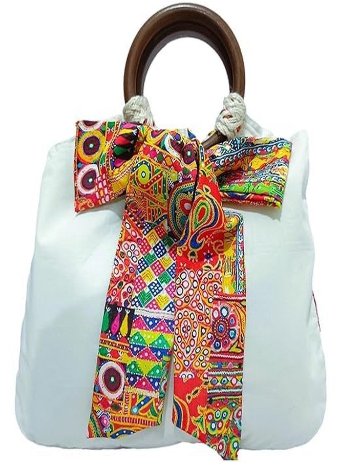 athizay official chic airport fashion wooden handle with a colorful bow tie hanging hand carry wristlets pouch silhoutte bags for women (off-white, Multi-Color) - Image 1
